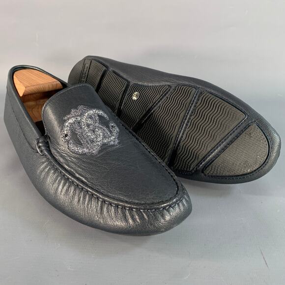 ROBERTO CAVALLI Size 11.5 Navy Silver Logo Embroidery Leather Drivers Loafers - Picture 5 of 8